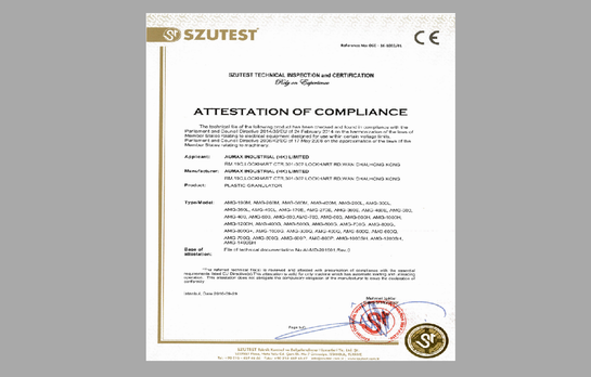 CE Certificate for Aumax Plastic Granulator